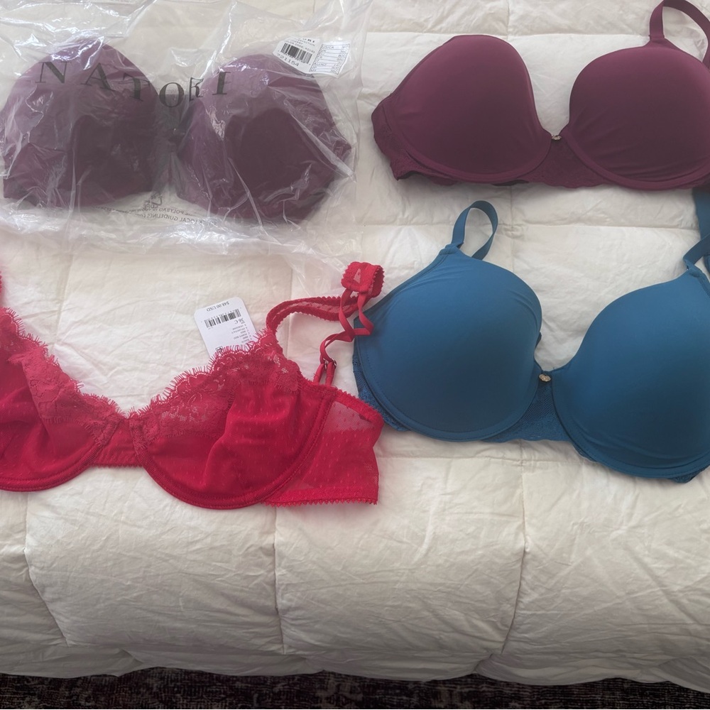Natori Lace Trim Bra Set - Red and Blue - Picture 2 of 5